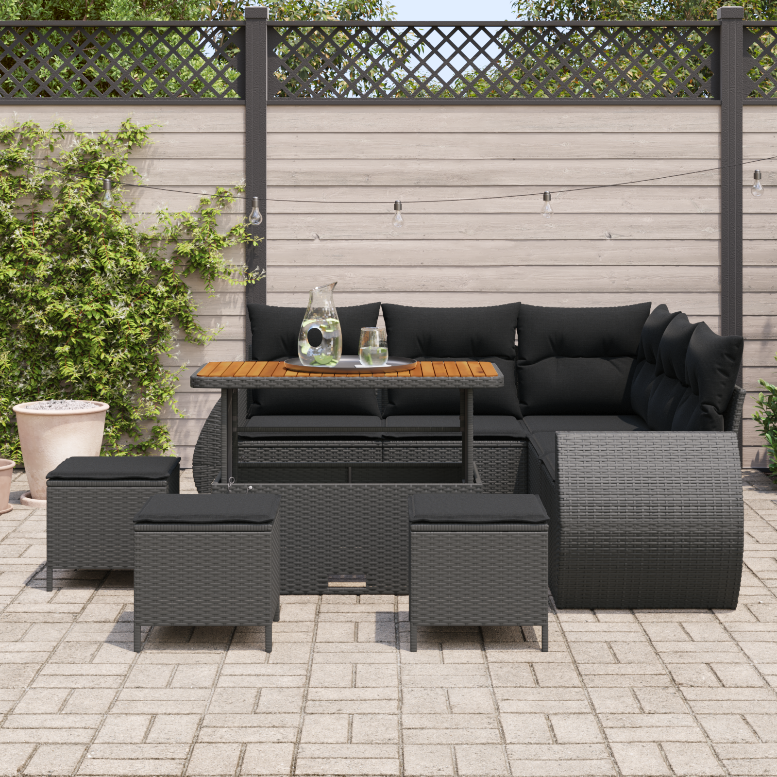 Sodo Sofų Rinkinys su pagalve 9 pcs Juoda poliratanas