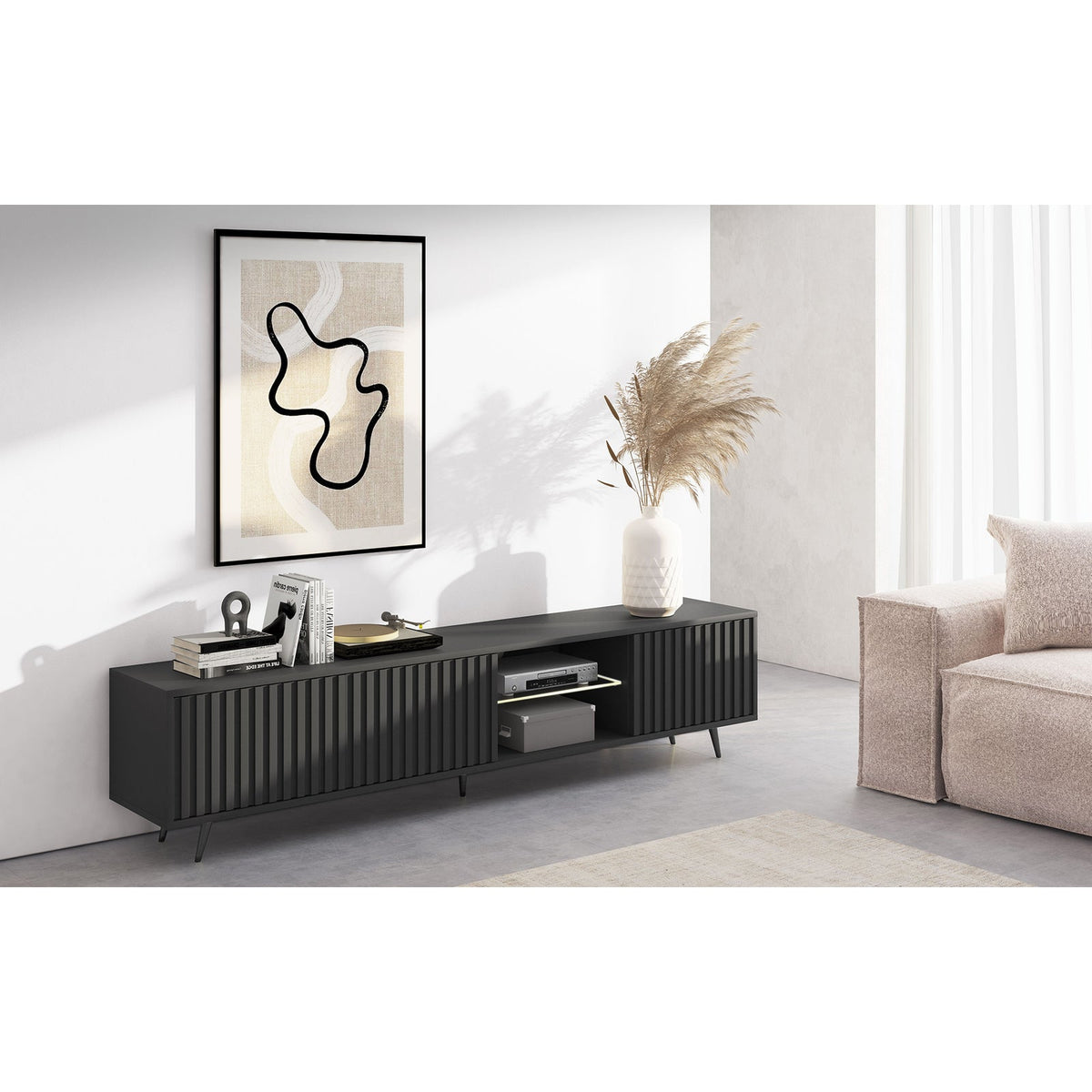 TV spintelė MAGNUS, 175 cm, juoda/ąžuolas