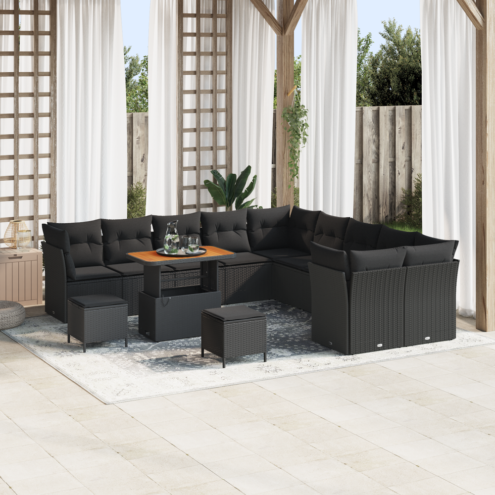 13-Piece Garden Sofa Set with Cushions Black Poly Rattan Acacia Wood