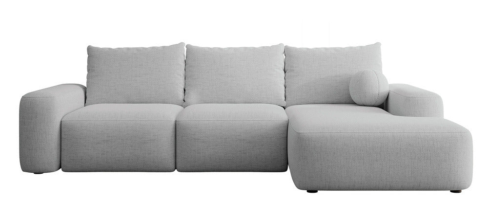 Kampinė sofa LIVA, pilkas šenilas, su kamuoliuku