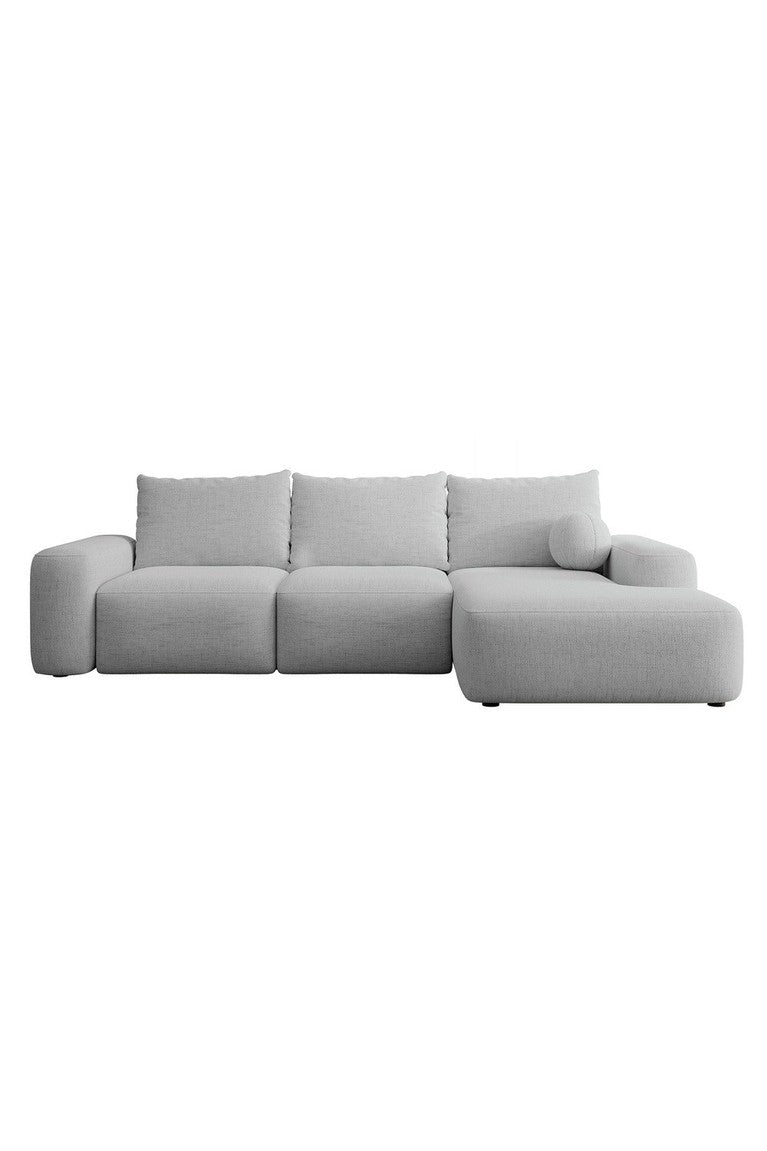 Kampinė sofa LIVA, pilkas šenilas, su kamuoliuku