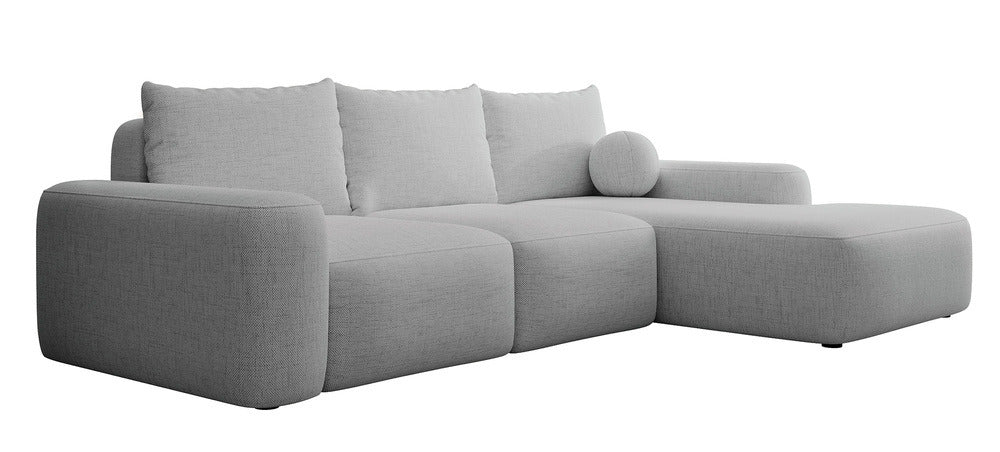 Kampinė sofa LIVA, pilkas šenilas, su kamuoliuku