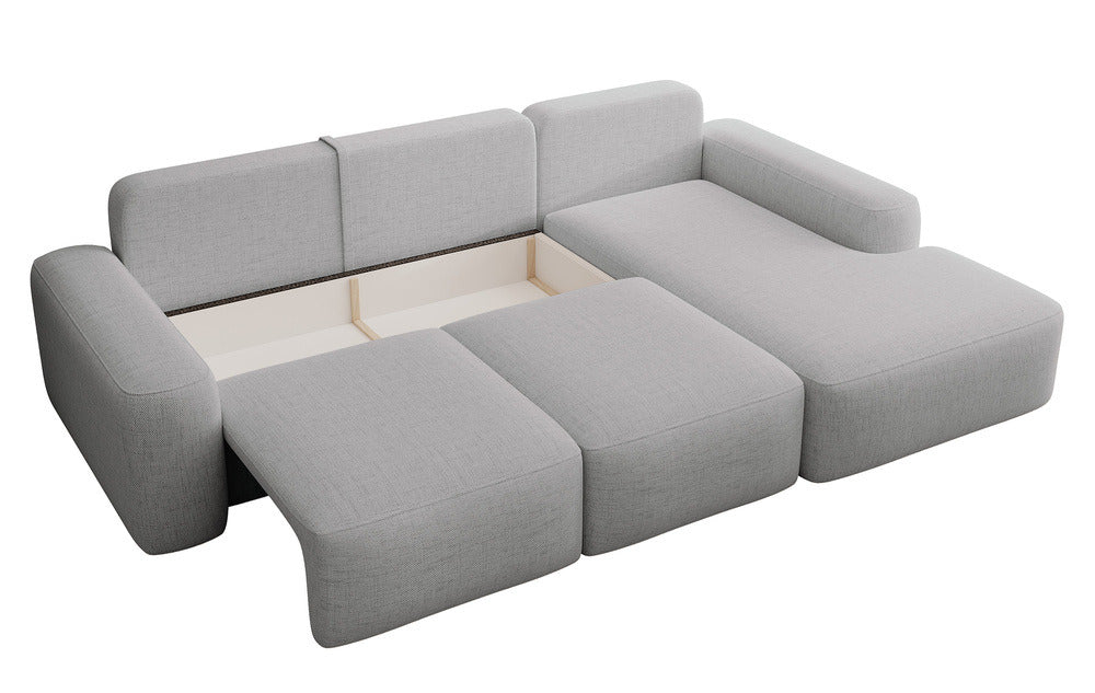 Kampinė sofa LIVA, pilkas šenilas, su kamuoliuku
