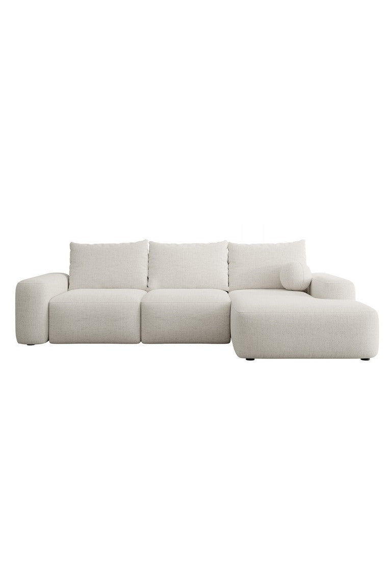 Kampinė sofa LIVA, kreminis šenilas, su kamuoliuku, Moly 2