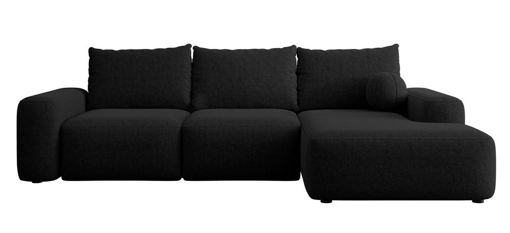 Kampinė sofa LIVA, juoda šenilas, su kamuoliuku