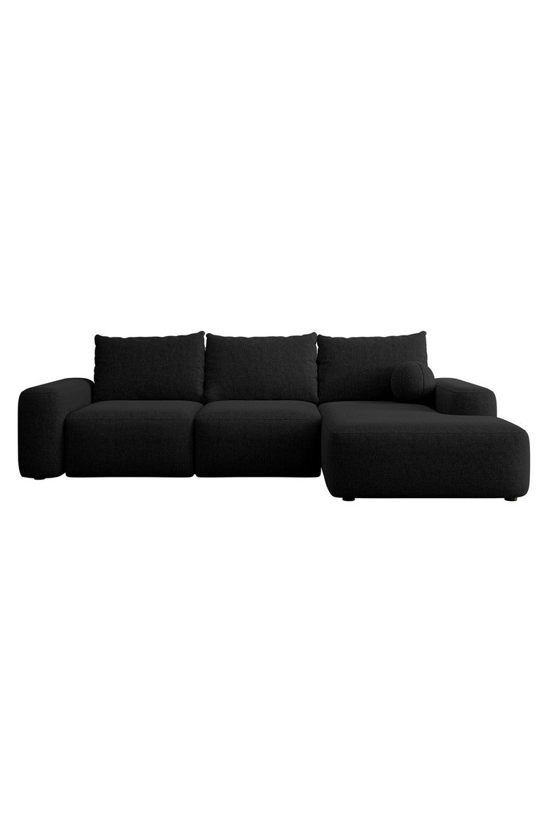 Kampinė sofa LIVA, juoda šenilas, su kamuoliuku