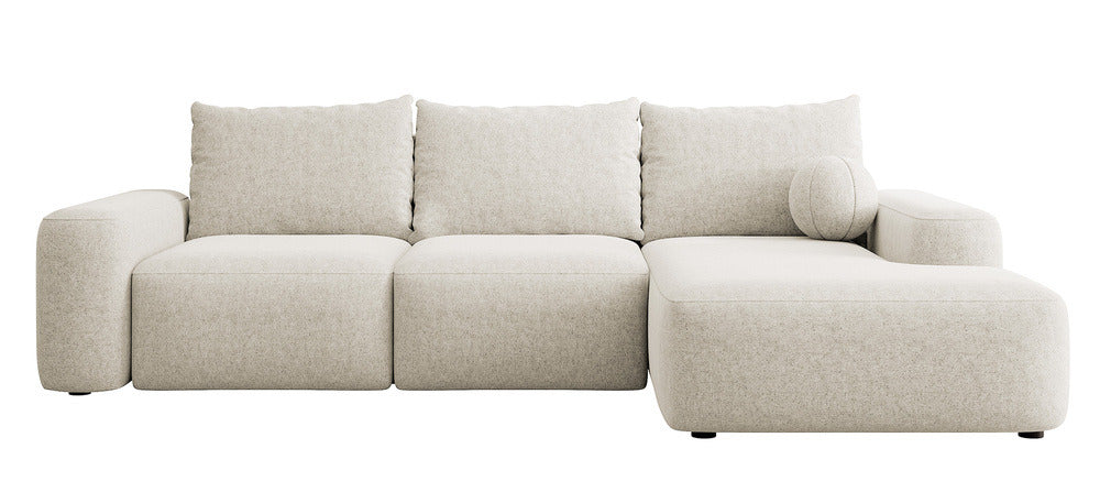 Kampinė sofa LIVA, kreminis šenilas, su kamuoliuku