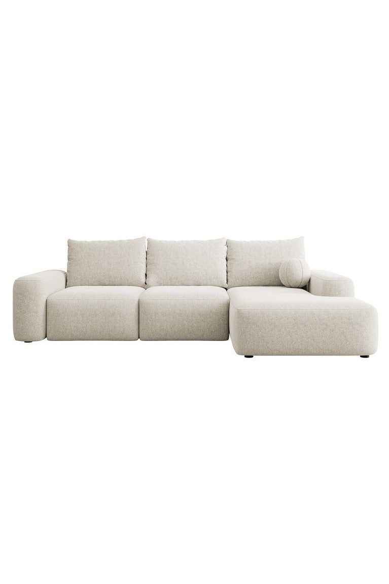 Kampinė sofa LIVA, kreminis šenilas, su kamuoliuku