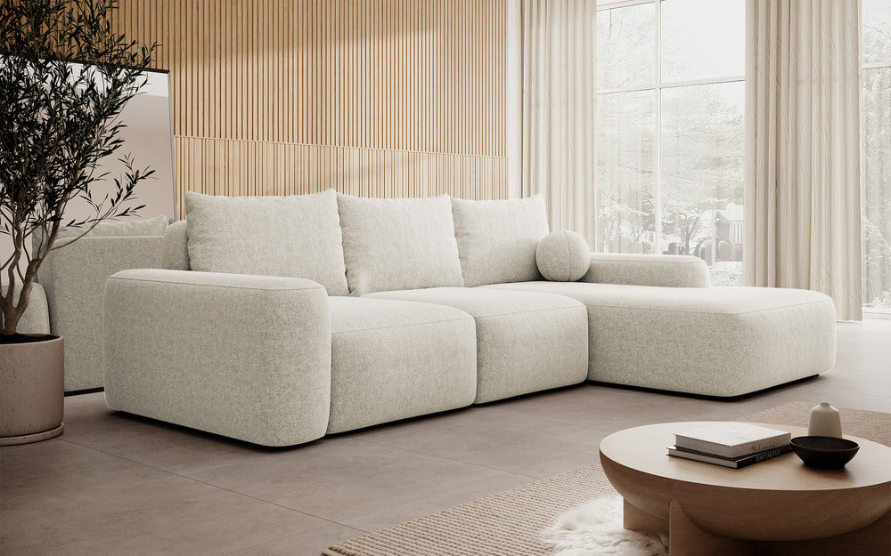 Kampinė sofa LIVA, kreminis šenilas, su kamuoliuku