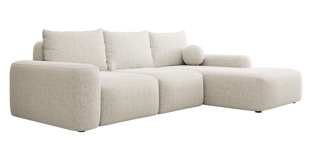 Kampinė sofa LIVA, kreminis šenilas, su kamuoliuku