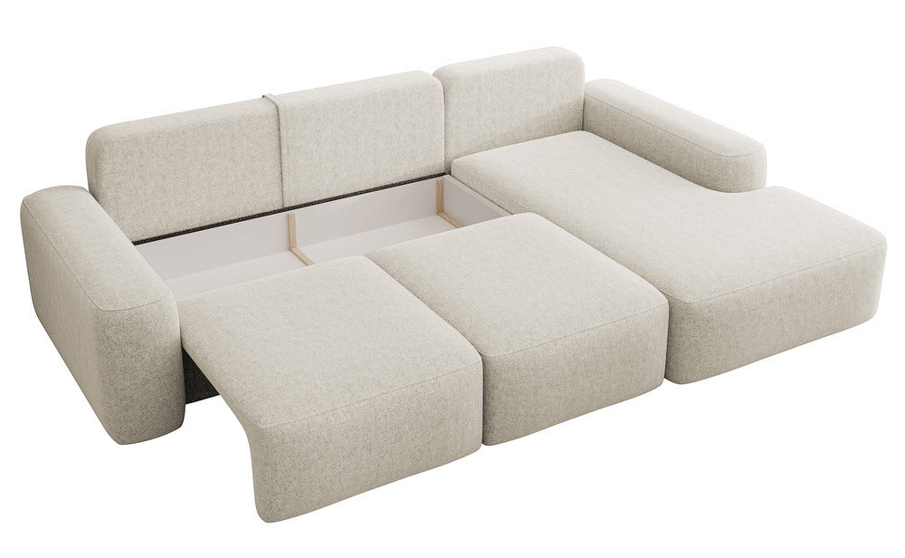 Kampinė sofa LIVA, kreminis šenilas, su kamuoliuku