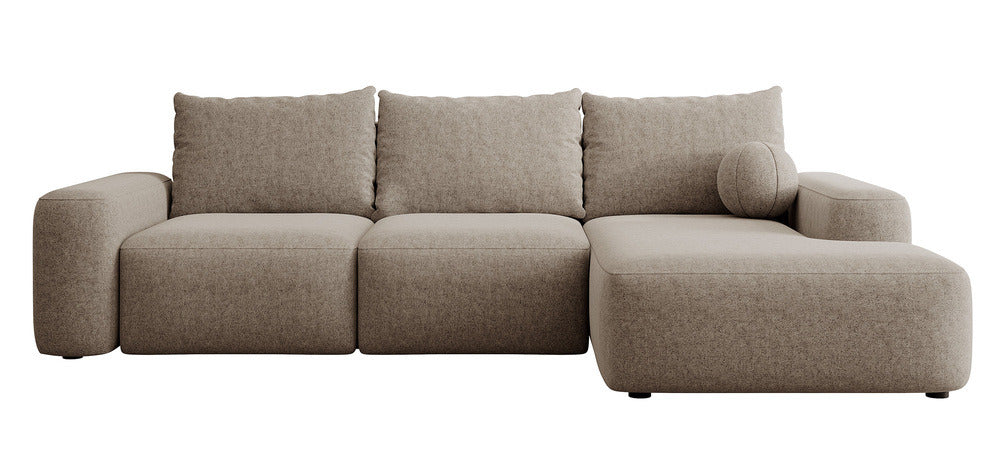 Kampinė sofa LIVA, šviesiai ruda šenilas, su kamuoliuku