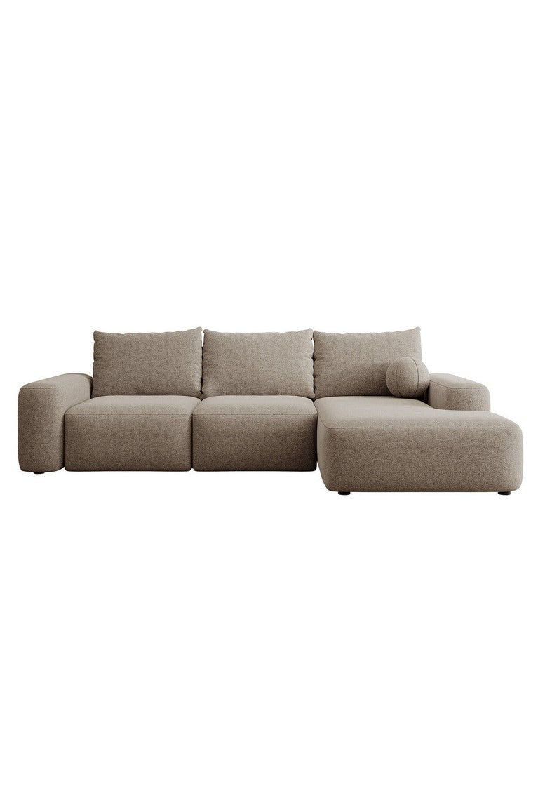 Kampinė sofa LIVA, šviesiai ruda šenilas, su kamuoliuku