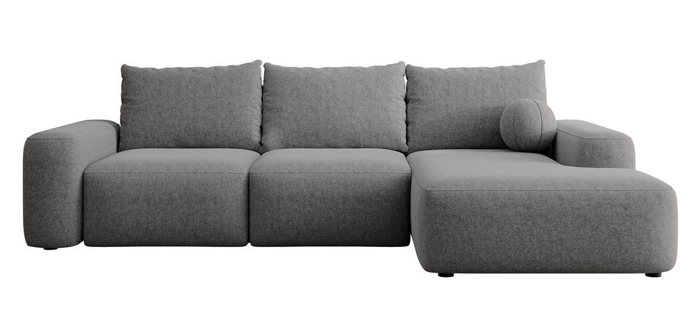 Kampinė sofa LIVA, tamsiai pilkas šenilas, su kamuoliuku