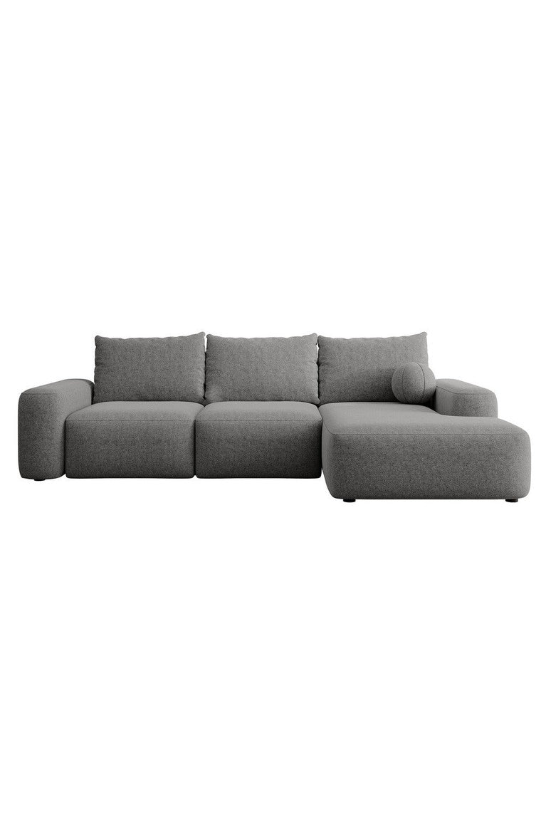 Kampinė sofa LIVA, tamsiai pilkas šenilas, su kamuoliuku