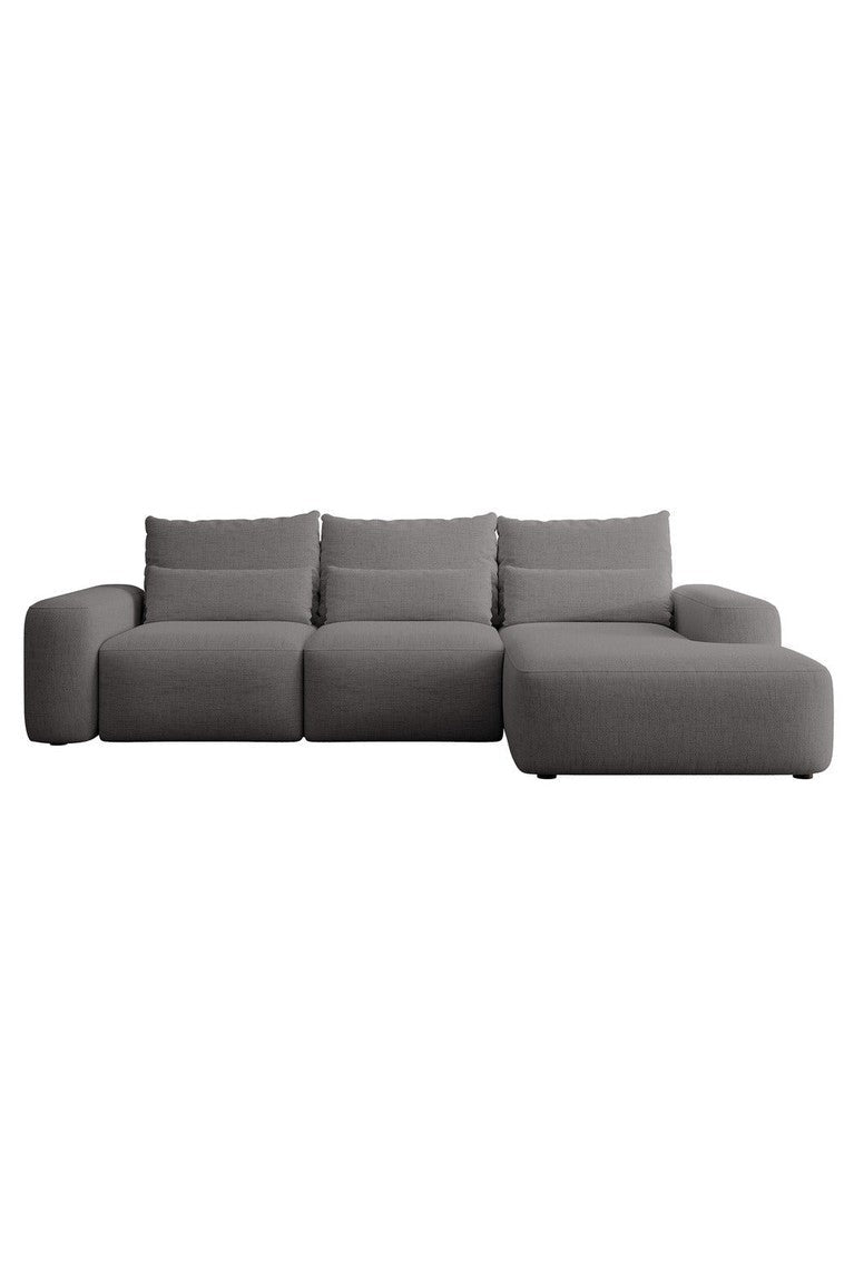 Kampinė sofa LIVA, tamsiai pilkas šenilas, su juosmens pagalvėmis, Moly 85