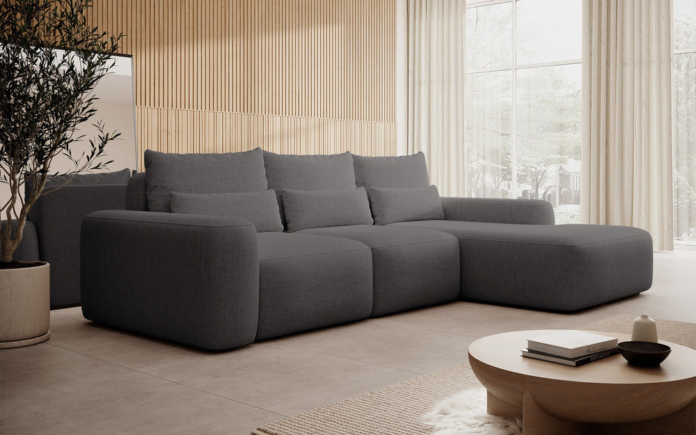 Kampinė sofa LIVA, tamsiai pilkas šenilas, su juosmens pagalvėmis, Moly 85