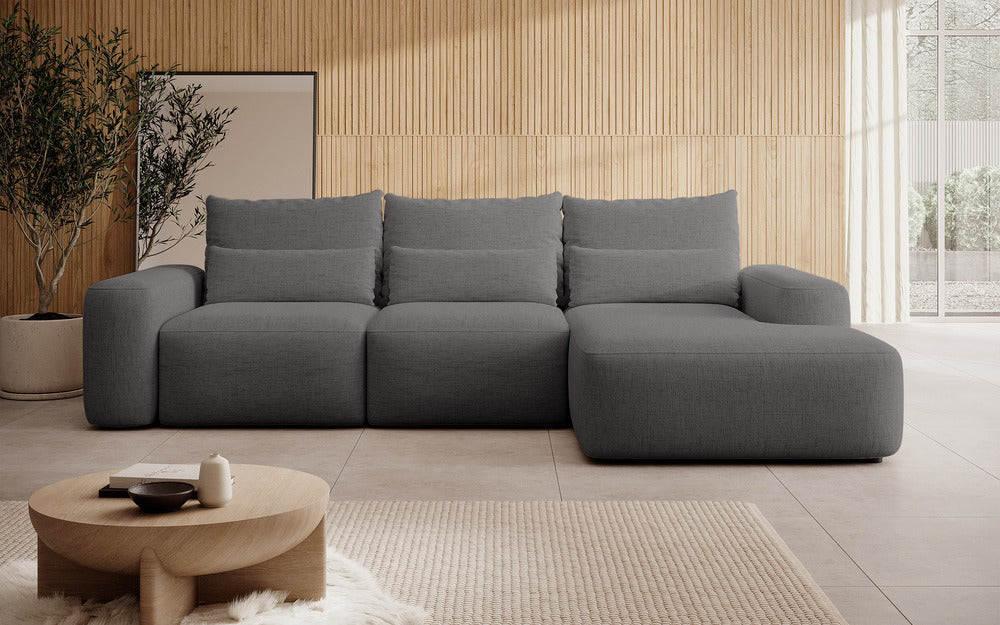 Kampinė sofa LIVA, tamsiai pilkas šenilas, su juosmens pagalvėmis, Moly 85