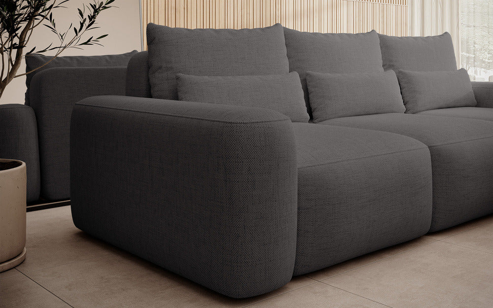 Kampinė sofa LIVA, tamsiai pilkas šenilas, su juosmens pagalvėmis, Moly 85