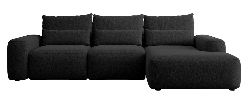 Kampinė sofa LIVA, juoda šenilas, su juosmens pagalvėmis