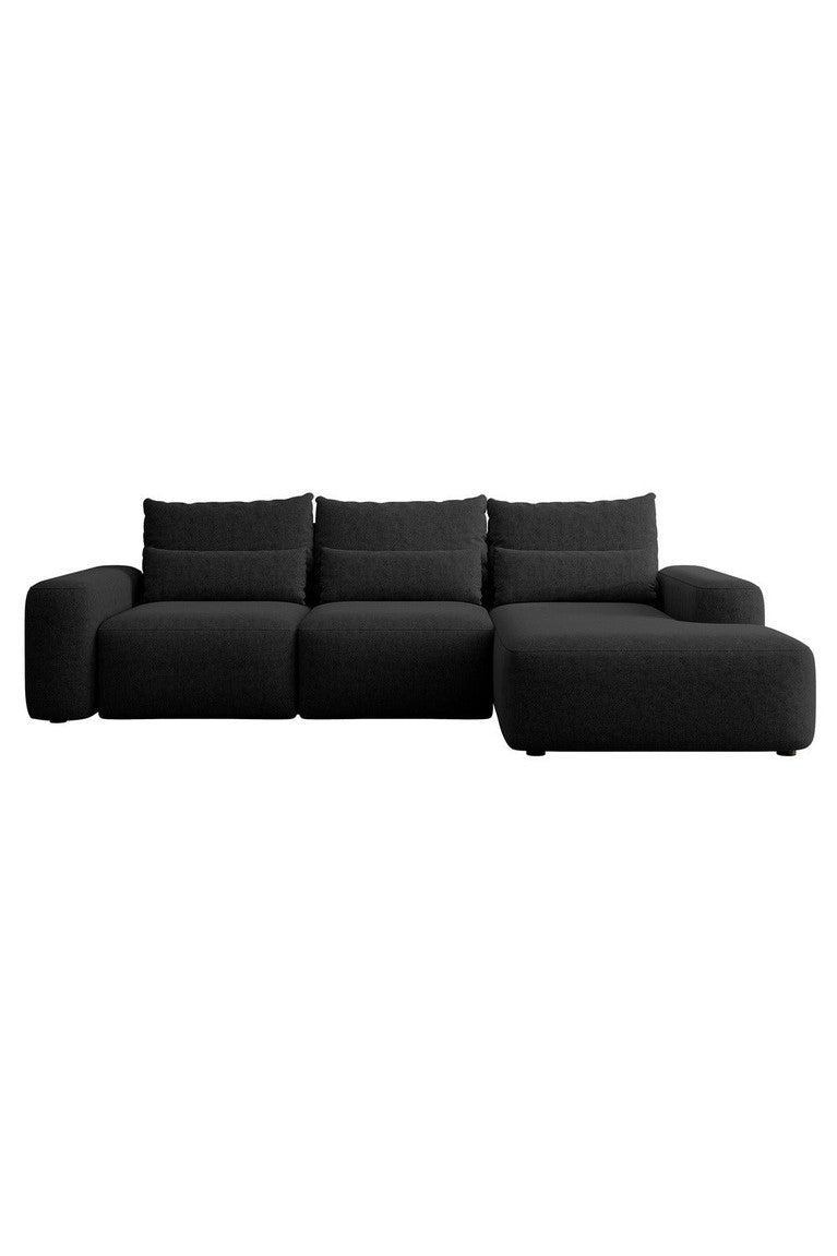 Kampinė sofa LIVA, juoda šenilas, su juosmens pagalvėmis