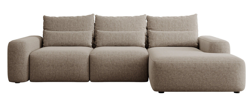 Kampinė sofa LIVA, šviesiai ruda šenilas, su juosmens pagalvėmis
