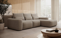 Kampinė sofa LIVA, šviesiai ruda šenilas, su juosmens pagalvėmis