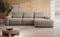 Kampinė sofa LIVA, šviesiai ruda šenilas, su juosmens pagalvėmis