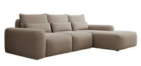 Kampinė sofa LIVA, šviesiai ruda šenilas, su juosmens pagalvėmis