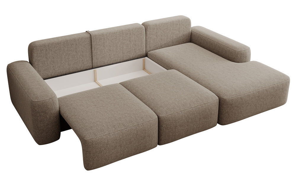 Kampinė sofa LIVA, šviesiai ruda šenilas, su juosmens pagalvėmis