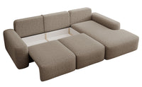 Kampinė sofa LIVA, šviesiai ruda šenilas, su juosmens pagalvėmis