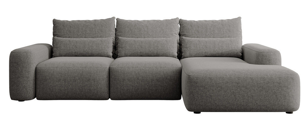 Kampinė sofa LIVA, tamsiai pilkas šenilas, su juosmens pagalvėmis