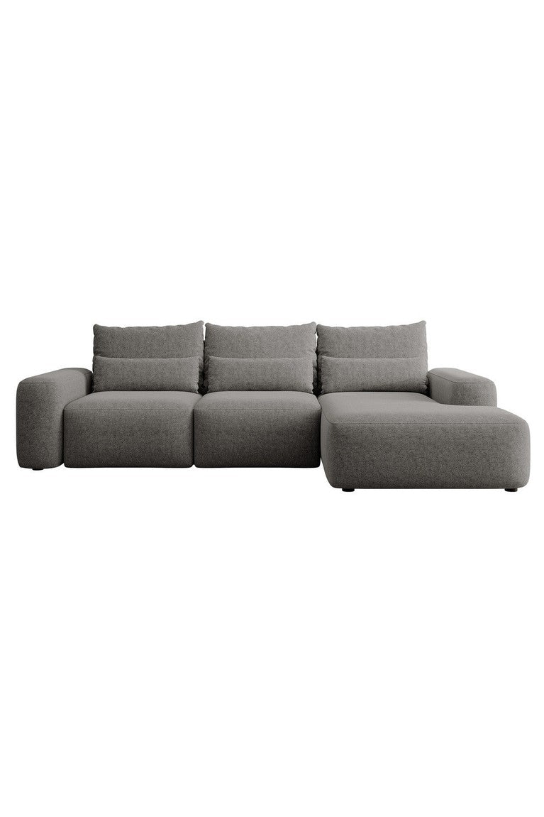 Kampinė sofa LIVA, tamsiai pilkas šenilas, su juosmens pagalvėmis