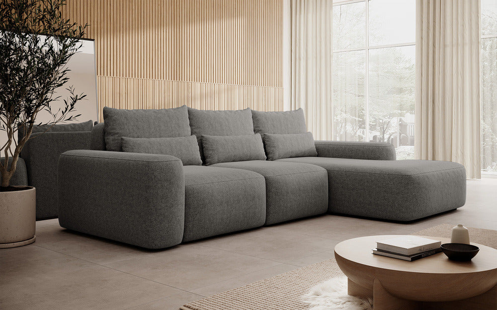 Kampinė sofa LIVA, tamsiai pilkas šenilas, su juosmens pagalvėmis