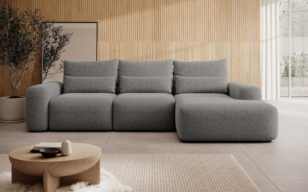 Kampinė sofa LIVA, tamsiai pilkas šenilas, su juosmens pagalvėmis