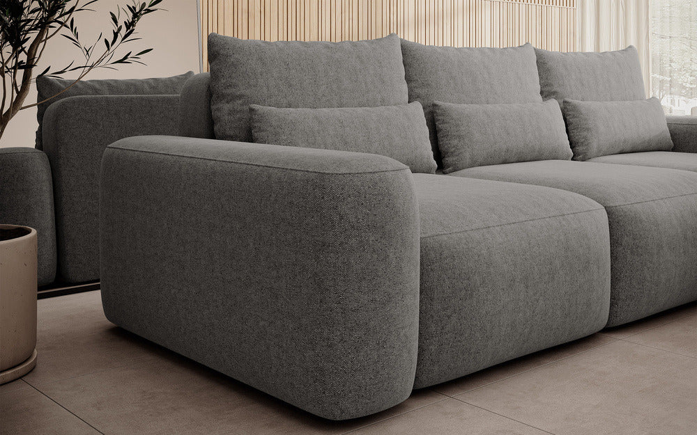 Kampinė sofa LIVA, tamsiai pilkas šenilas, su juosmens pagalvėmis