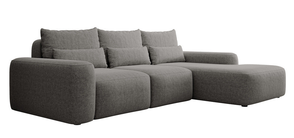 Kampinė sofa LIVA, tamsiai pilkas šenilas, su juosmens pagalvėmis