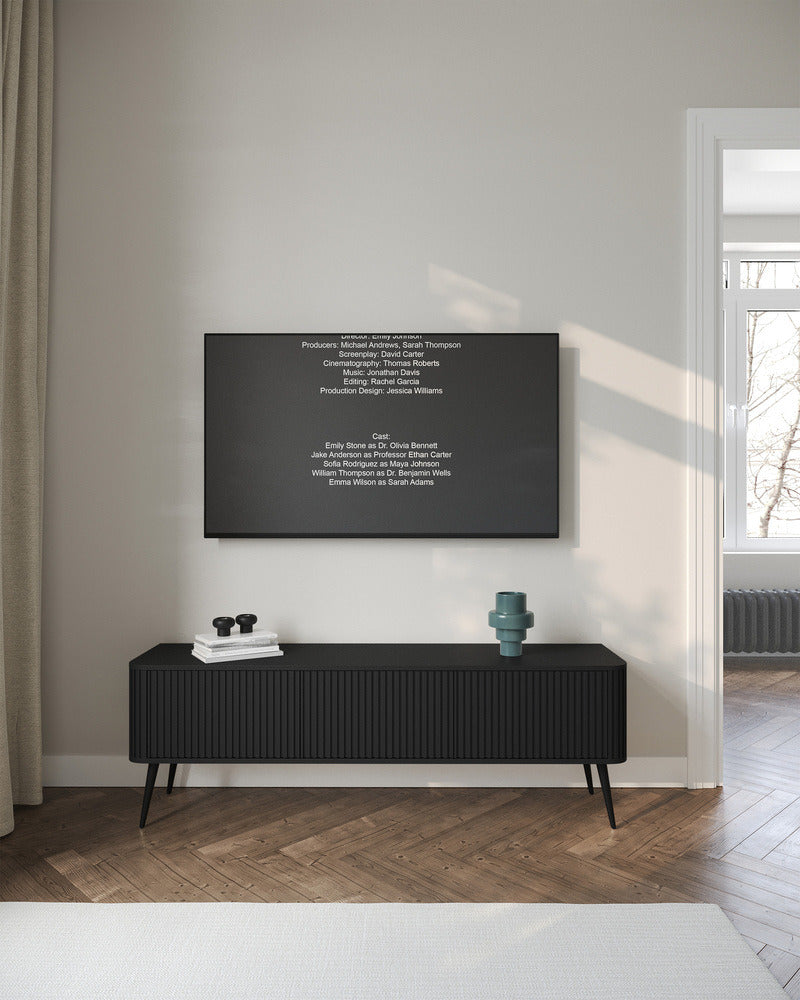 TV spintelė BRENDAN, juoda, 163 cm, juodos kojos, rumbuota