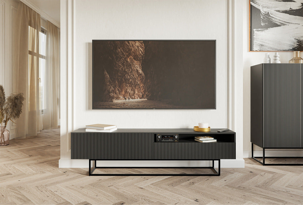 TV spintelė GREYA, juoda, 175 cm, juodos kojos