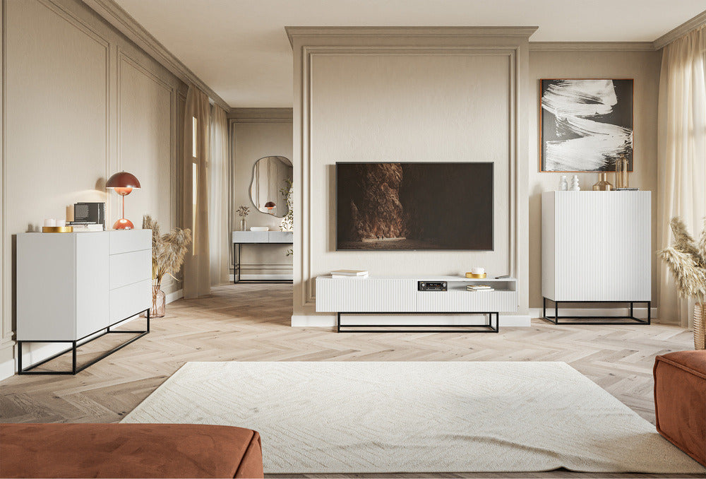 TV spintelė GREYA, balta, 175 cm, juodos kojos, 2