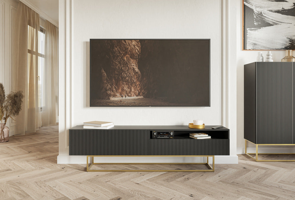 TV spintelė GREYA, juoda, 175 cm, auksinės kojos