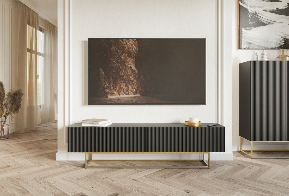 TV spintelė GREYA, juoda, 175 cm, auksinės kojos, 2