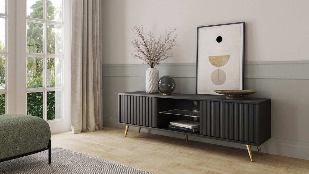 TV spintelė MAGNUS, juoda, 135 cm, auksinės kojos