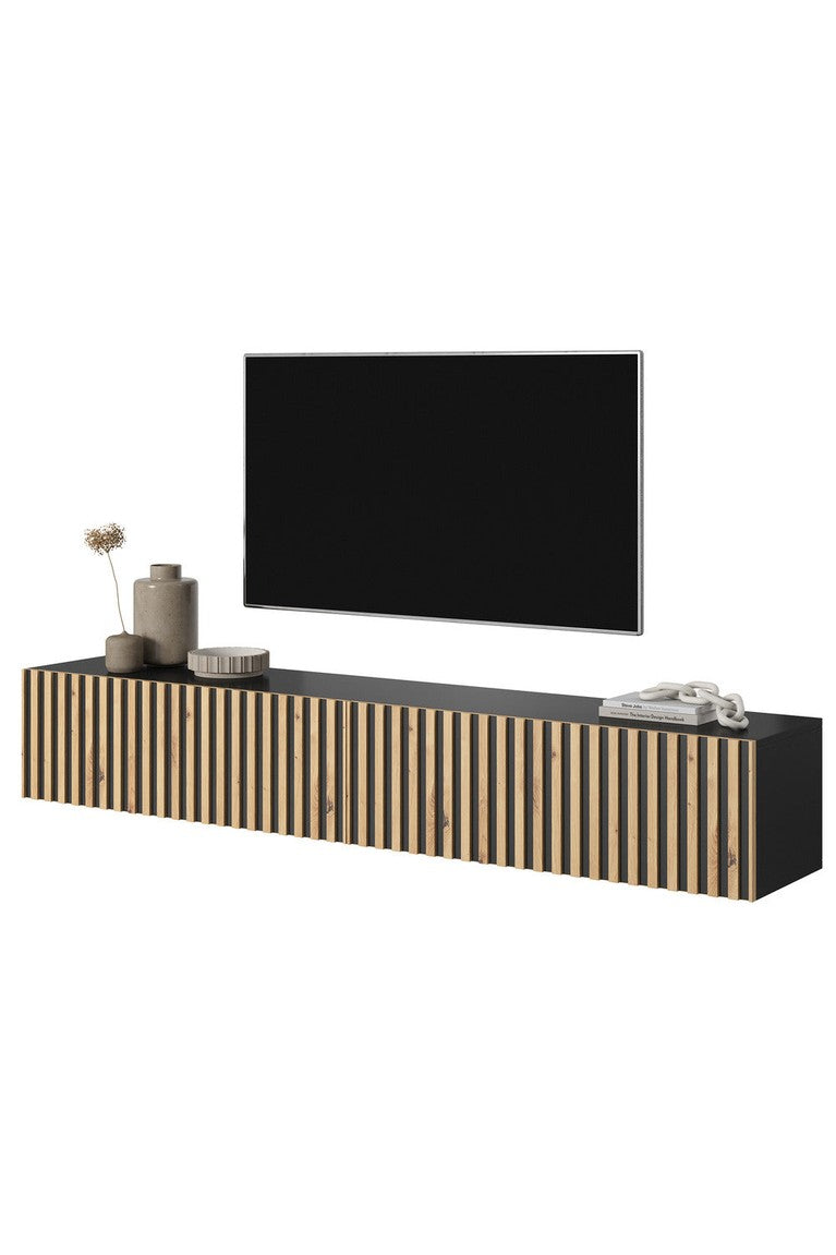 TV spintelė LORCAN, 175 cm, juoda+ąžuolas