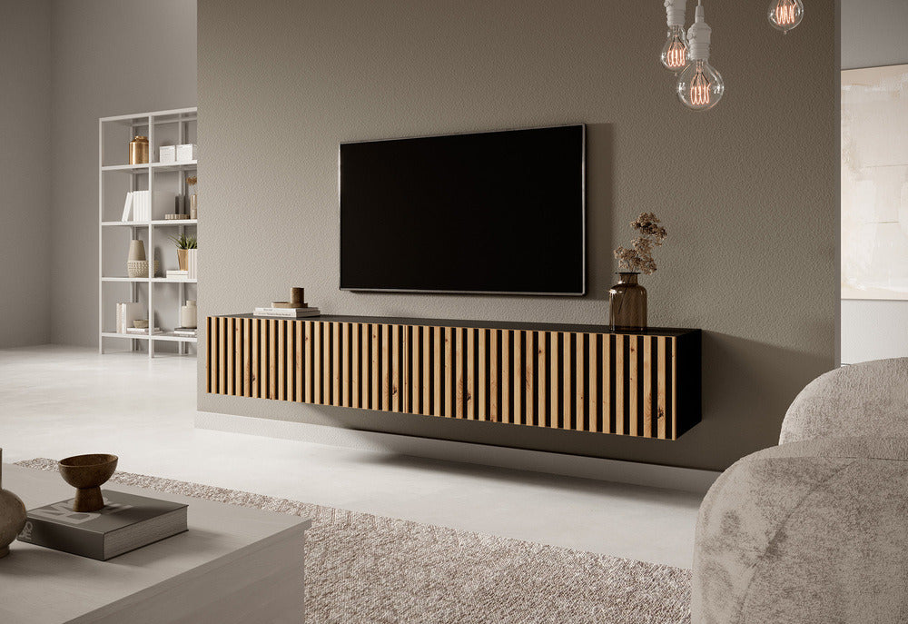 TV spintelė LORCAN, 175 cm, juoda+ąžuolas