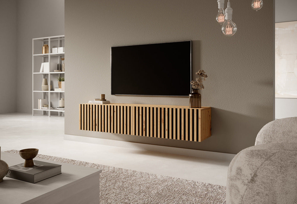 TV spintelė LORCAN, 138,6 cm, ąžuolas+juoda