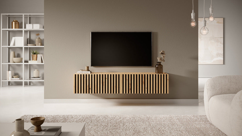 TV spintelė LORCAN, 138,6 cm, ąžuolas+juoda