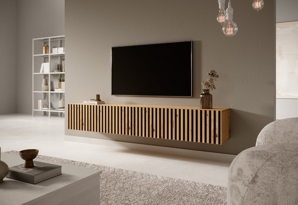 TV spintelė LORCAN, 175 cm, ąžuolas+juoda