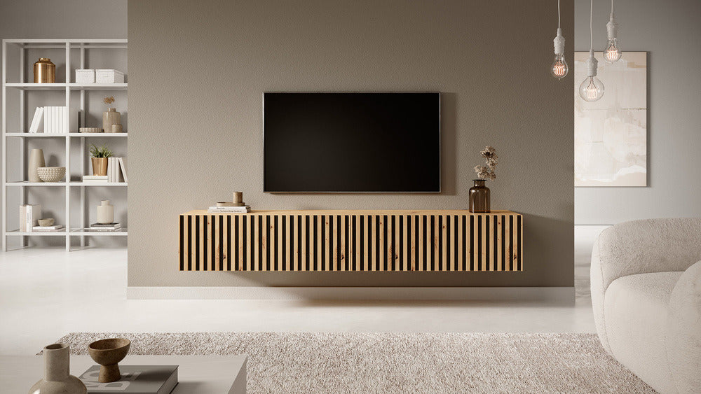 TV spintelė LORCAN, 175 cm, ąžuolas+juoda