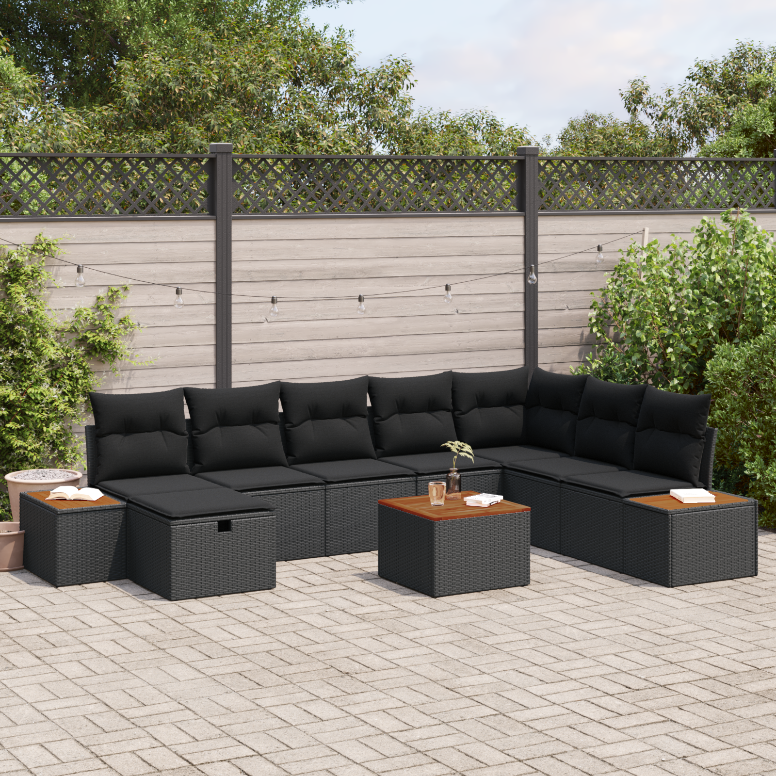 Sodo Sofų Rinkinys su pagalve 9 pcs Juoda Poli ratanas